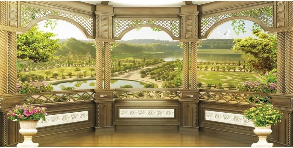 12x6ft Window Scenery Backdrop Golden Vintage Fence Green Tree Mountain Lake Nature Park Landscape Photography Background Party Birthday Wedding Bridal Studio Photo Props Polyester