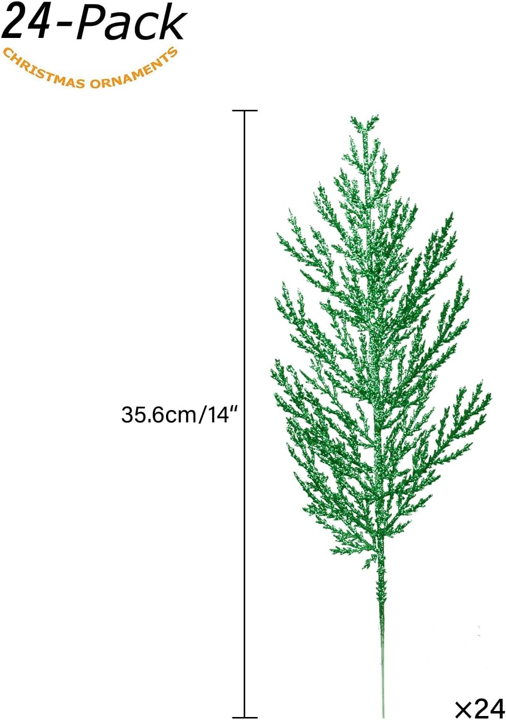 Christmas Glitter Stems 24pcs Artificial Pine Tree Picks for Christmas Tree Ornaments fillers, DIY Xmas Wreath, Crafts, Garland, Holiday, Party, Wedding and Home Decoration (Green)