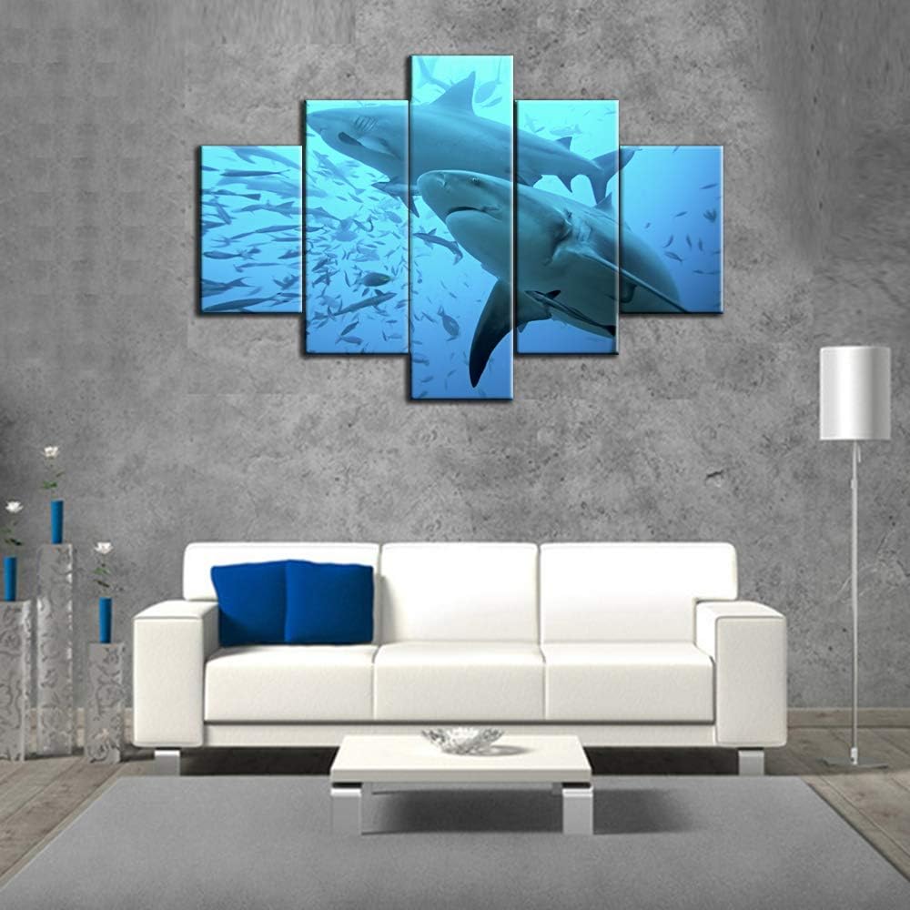 5 Piece Canvas Wall Art Bull Shark with Many Small Fish Pictures Underwater World Paintings Contemporary Sea Artwork Modern Home Decor Wooden Framed Ready to Hang Posters and Prints(60''Wx40''H)