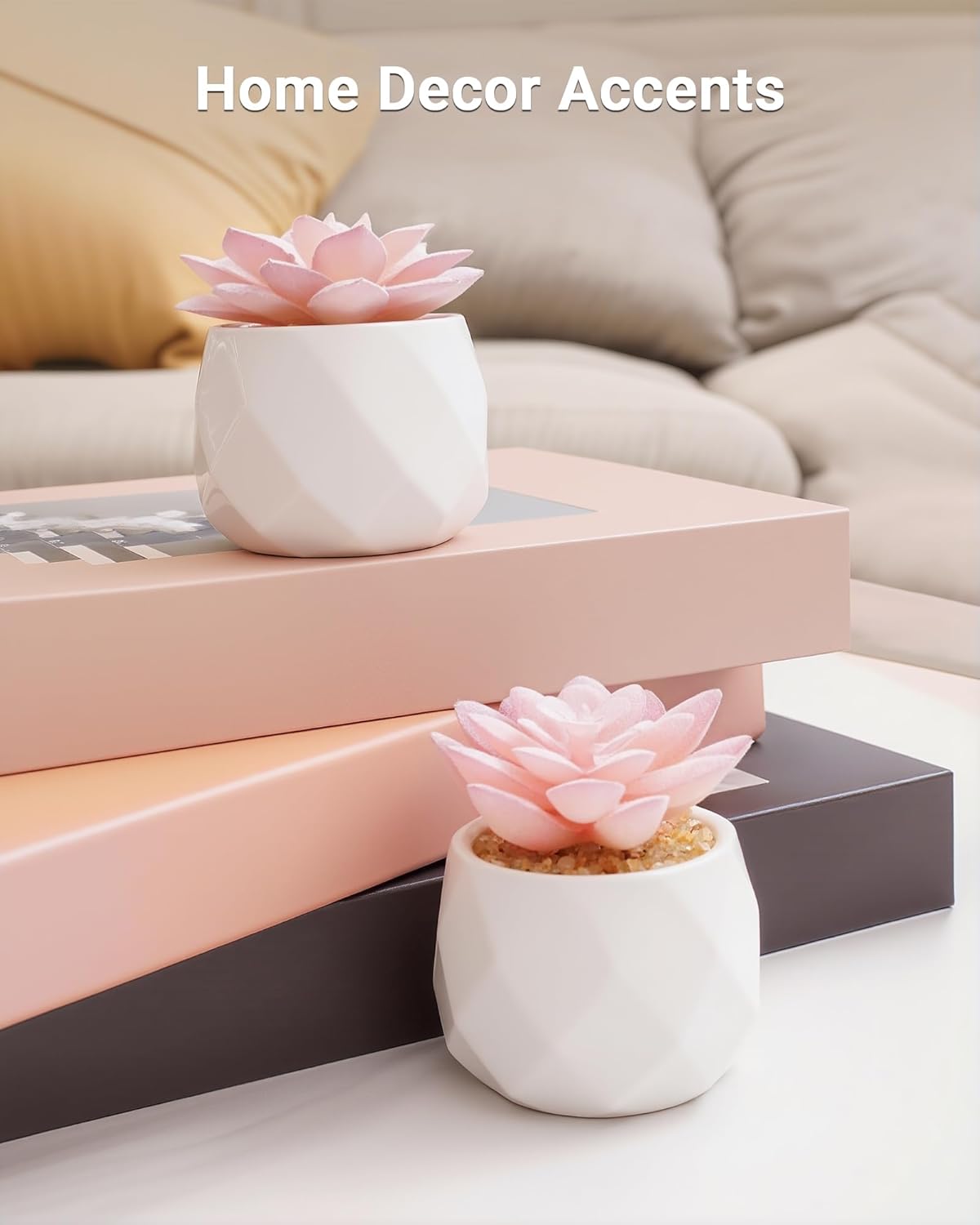 VIVERIE Mini Succulents Plants Artificial in Pots-Rose Pink, Christmas Small Fake Succulents Plants for Home Decor Indoor for Women, White Ceramic Faux Succulents, Set of 2, Gifts for Mom