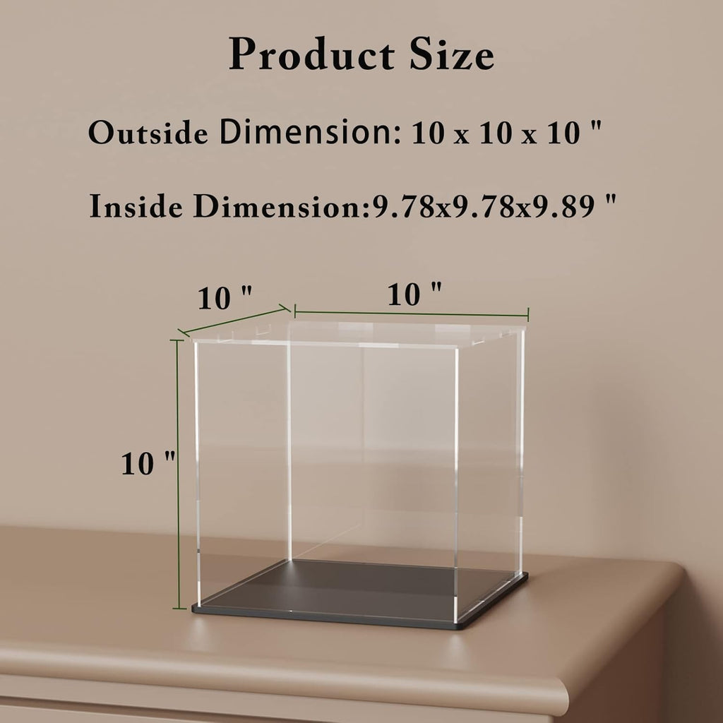 SVENJBB Acrylic Display Case, 10x10x10 Inch Cube Acrylic Boxes for Display, Clear Display Cases with Matte Black Base and Lid for Collectibles and Figures