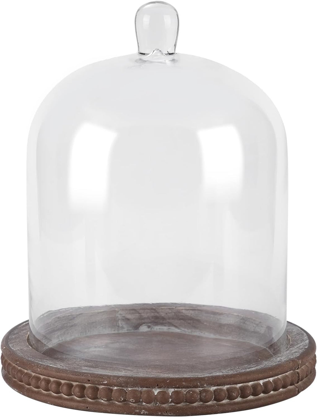 14" Large Handmade Sturdy Glass Cloche With Brown Beaded Wooden Base In Farmhouse & Cottage Style, For Terrarium, Trinkets, Cakes, Figurines (Brown, 10"x14")