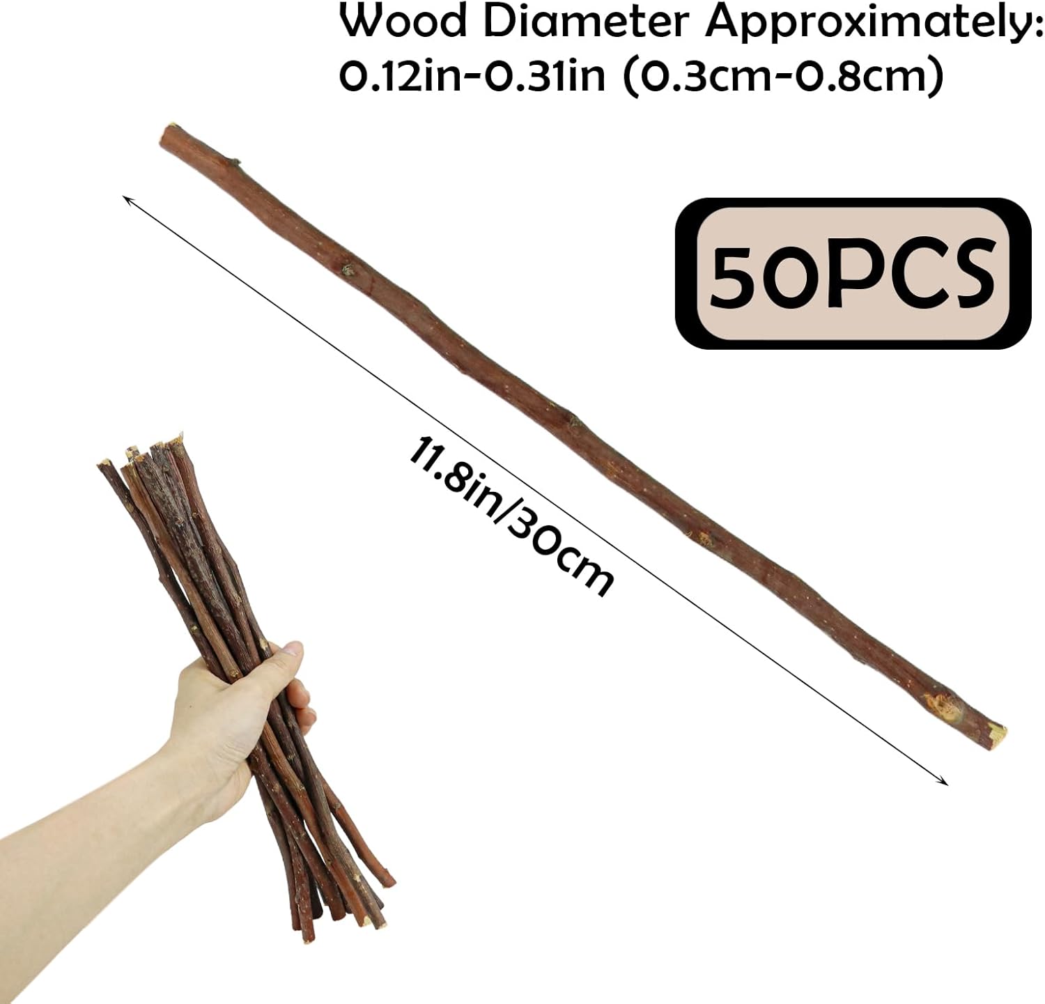 50Pcs Natural Twigs, Driftwood Branches, Unfinished Timber Rods for Model Making, Home Decor & Art Supplies (Brown 30CM)