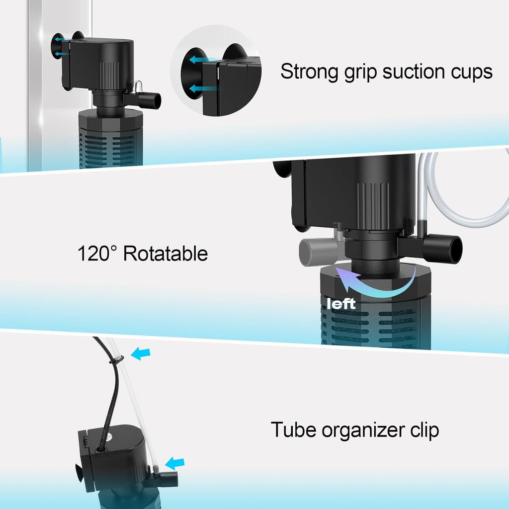 Aquarium Internal Filter for 20-50 Gallons, Ultra-Quiet Fish Tank Filter Biochemical Filtration 320GPH Powerful Pump Submersible Aquarium Filter Tank Clear Air Supply (13W Filter)