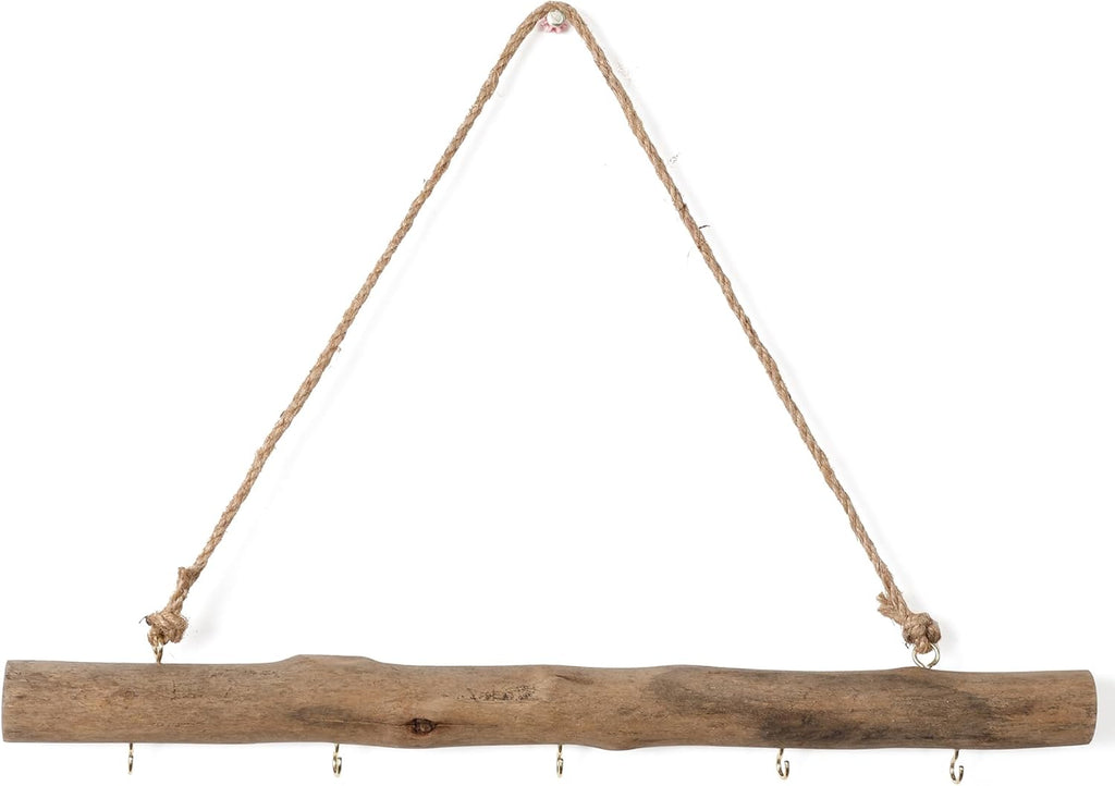 BYHER 15-Inch Driftwood Wall Hanging Jewelry Hanger - Rustic Wood Logs Hanging Branch Decor with 5 Hooks, Handcrafted from Natural Drift Wood Pieces for Crafts (Rustic)