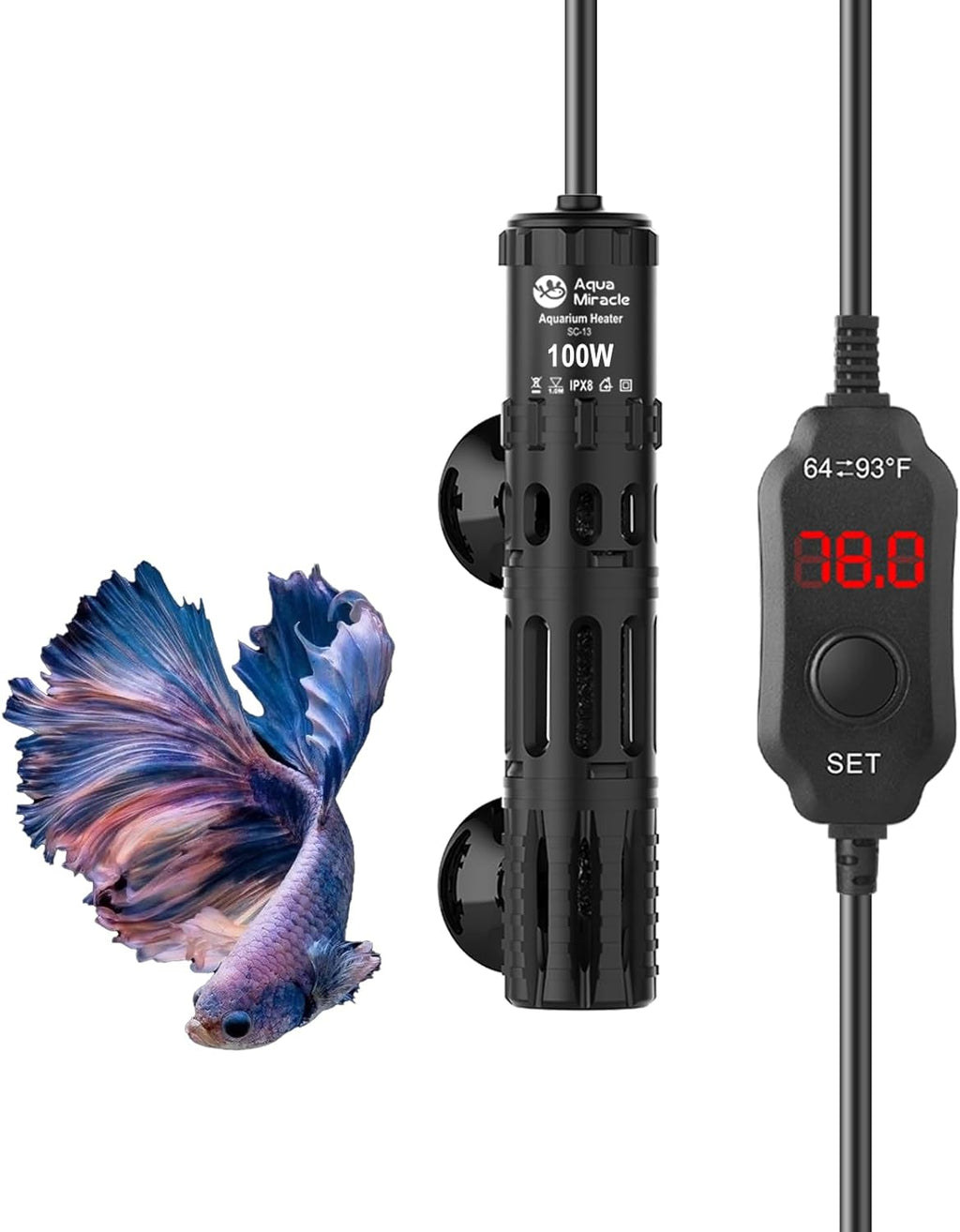 AquaMiracle Aquarium Heater with LED Digital Display Thermostat, Adjustable Fish Tank Heater with Protective Housing, Fish Heaters Turtle Tank Heaters for 10-20 Gallon Tanks(100W)