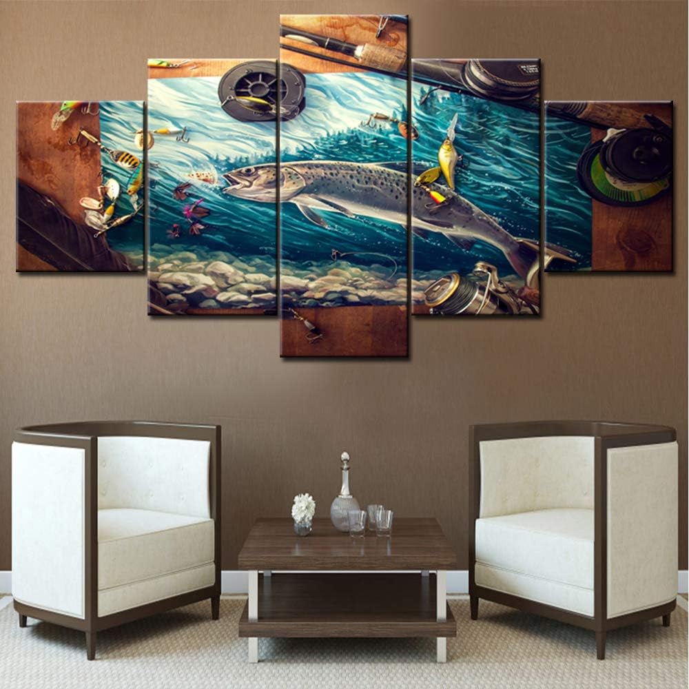TUMOVO 5 Piece Wall Art Fishing Accessories Pictures Fish Hook Paintings for Living Room Ocean Wave Artwork Printed on Canvas Home Modern Decor Giclee Framed Stretched Ready to Hang (60”X32”)