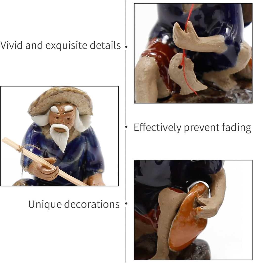 3 PCS Fisherman Statue Fishing Ornament Bonsai Tree Pot Chinese Clay Man Ceramic Fishing Ornament Garden Decoration Fish Tank Bonsai Garden Decoration