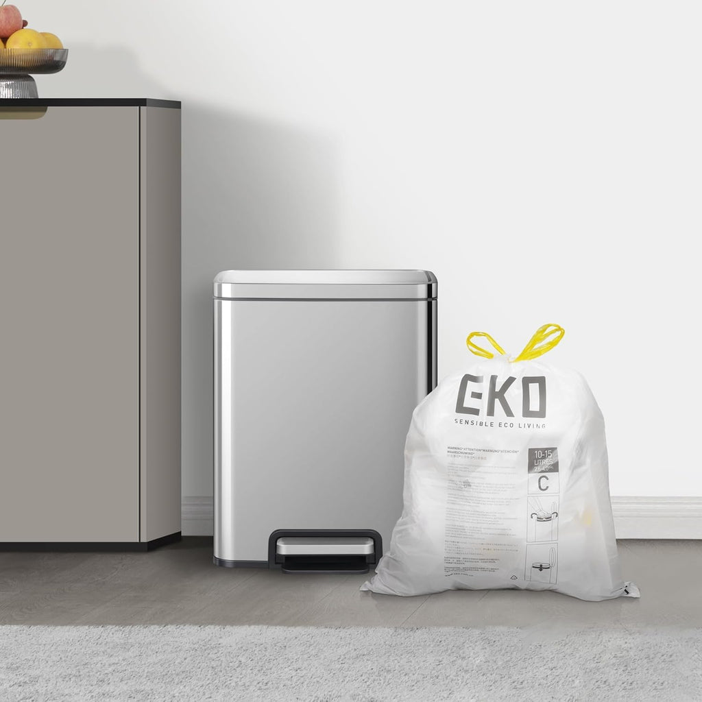 EKO 4 Gallon / 10-15 Liter, 80 Count Small Drawstring Trash Bags, Extra-Strong Unscented Garbage Bags, Easy-Dispense Roll for Kitchen & Household Use, Resists Tears, Leaks and Punctures, Code C, White