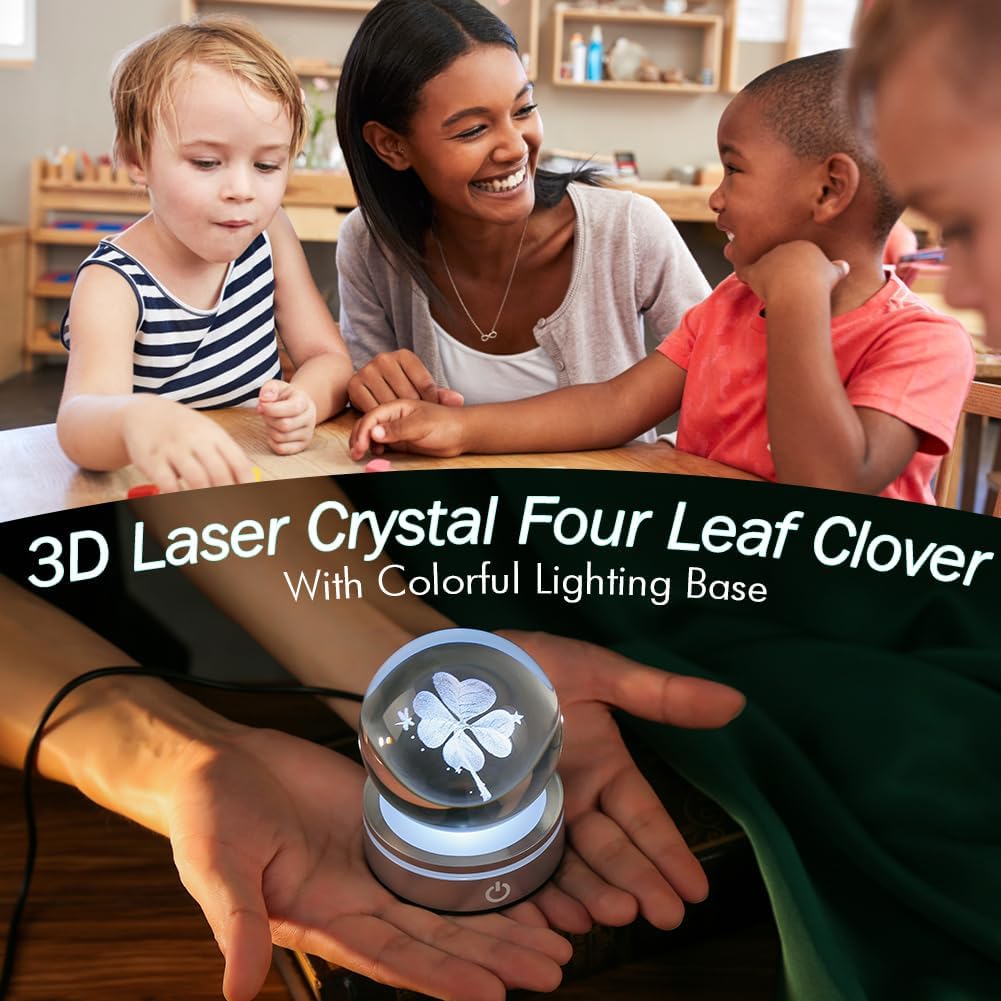 IFOLAINA Crystal Ball Lamp, 3D Four Leaf Clover K9 Decorative Night Light, Clear, 3.15 inches, Rechargeable USB, Ideal Gift for Her Birthday, Wedding, Anniversary
