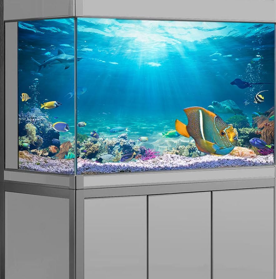 60X24IN Aquarium Background Under The Sea Coral Reef Scenery Backdrop Terrarium Background Underwater Marine Organism Fish Tank Background with 10EVA Double-Sided Tape, Blue02