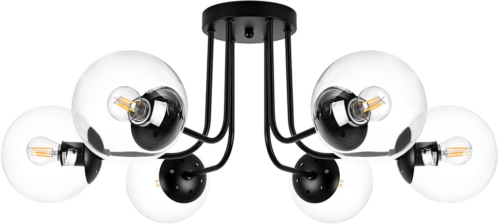 KoKo&Yukina 6-Light Modern Semi Flush Mount Ceiling Light Fixture Mid Century Ceiling Light Globe Ceiling Light with Clear Glass Shade Matte Black Finish for Bedroom Hallway Dining Room Living Room
