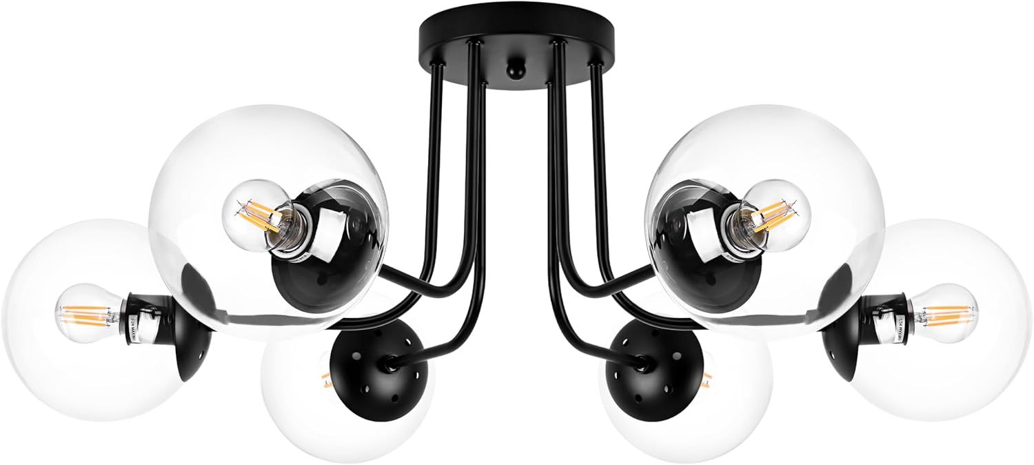 KoKo&Yukina 6-Light Modern Semi Flush Mount Ceiling Light Fixture Mid Century Ceiling Light Globe Ceiling Light with Clear Glass Shade Matte Black Finish for Bedroom Hallway Dining Room Living Room