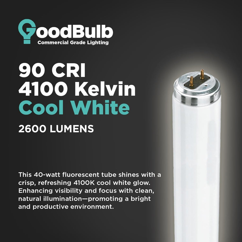 GoodBulb 30 Pack F40T12/841 40-W 48 Inch T12 Fluorescent Light Bulb, 4100K Cool White Light, Medium Bi-Pin Base, 2600 Lumens, 90 CRI, 24000 Life Hours, Instant/Programmed Start