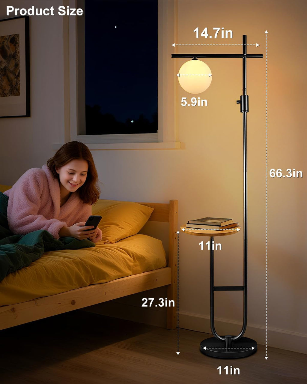 Lightdot 66IN Black Dimmable Floor Lamps with Storage Table, Modern Standing Tall Lamp with Milky White Globe Lampshade, Cross-Shaped Lamp Head and U-Pole Base Style for Living Room/Bedroom/Office