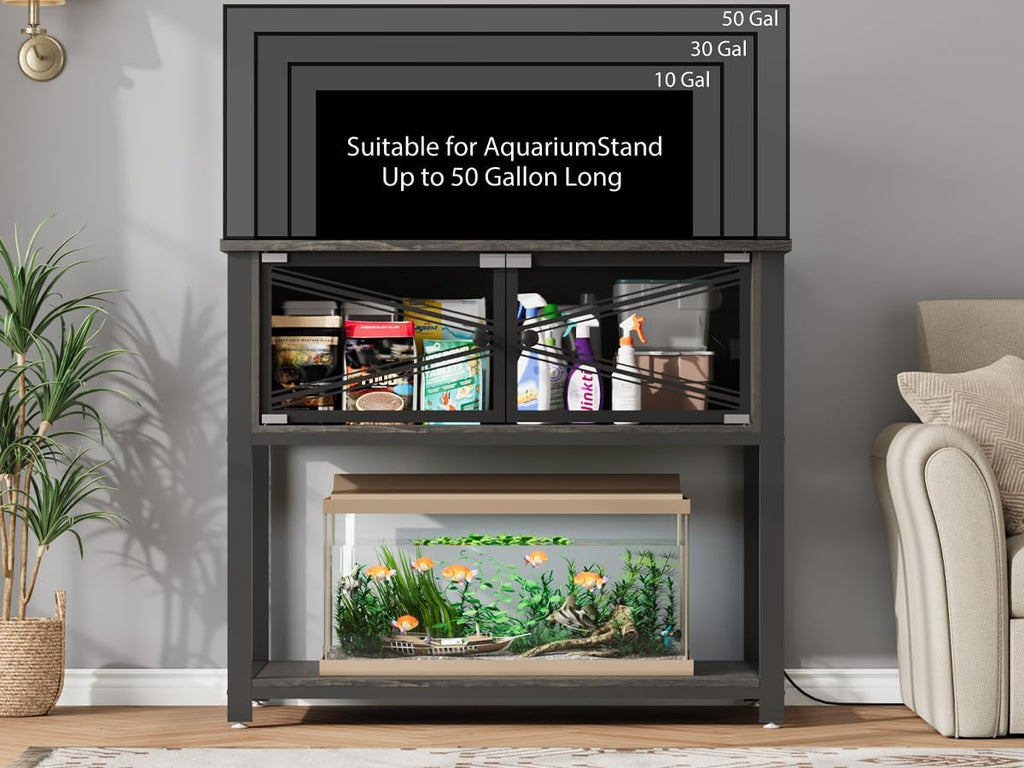 Rresyet 40-50 Gallon Aquarium Stand with Heavy Duty Metal Frame, Fish Tank Stand with Power Outlets, Two Glasses Door Storage Cabinet, Suitable for Turtle Tank, Reptile Tank, Black