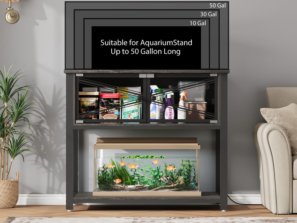 Rresyet 40-50 Gallon Aquarium Stand with Heavy Duty Metal Frame, Fish Tank Stand with Power Outlets, Two Glasses Door Storage Cabinet, Suitable for Turtle Tank, Reptile Tank, Black