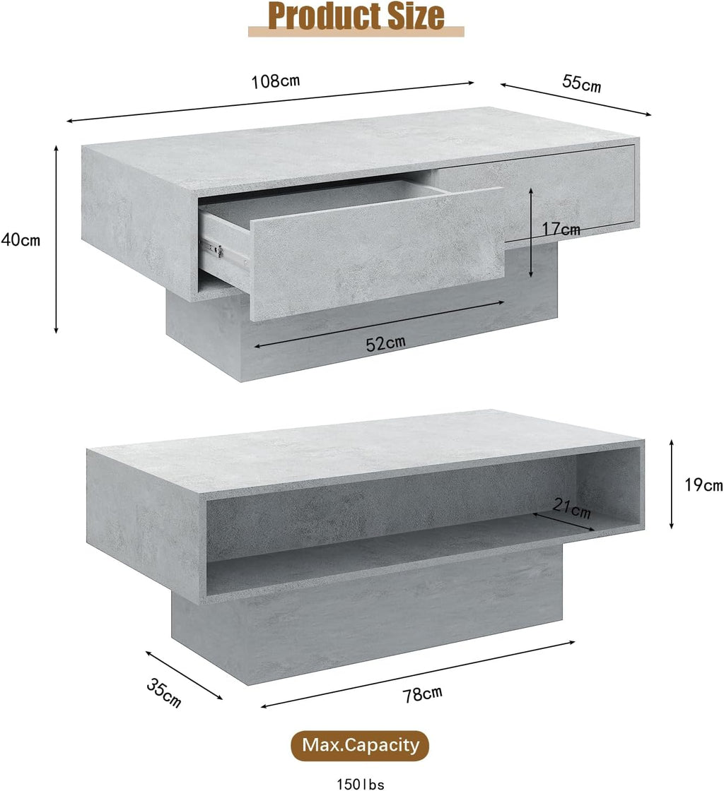 Rectangular LED Coffee Table with 2 Storage Drawers for Living Room, Center Middle Table Modern Cocktail Table Tea Tables Contemporary Mid Century Wood Home Office Waiting Room, Light Grey