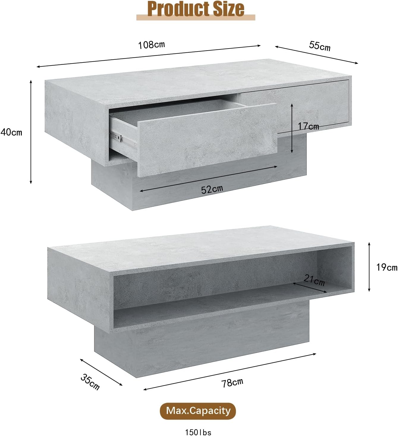 Rectangular LED Coffee Table with 2 Storage Drawers for Living Room, Center Middle Table Modern Cocktail Table Tea Tables Contemporary Mid Century Wood Home Office Waiting Room, Light Grey