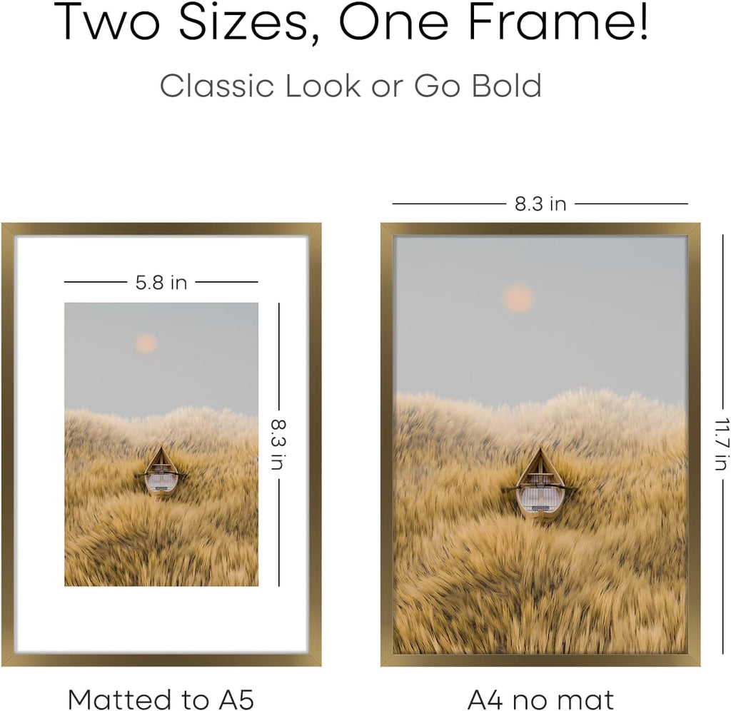 Homeforia A4 Picture Frame Bronze, High End Metal 8.3 x 11.7 inch Brass Poster Frames with Mat 5.8 by 8.3 Print, A4 Frames Matted to A5 Photo, 8.3x11.7 Wall or Tabletop Frame, Tempered Glass, Set of 3