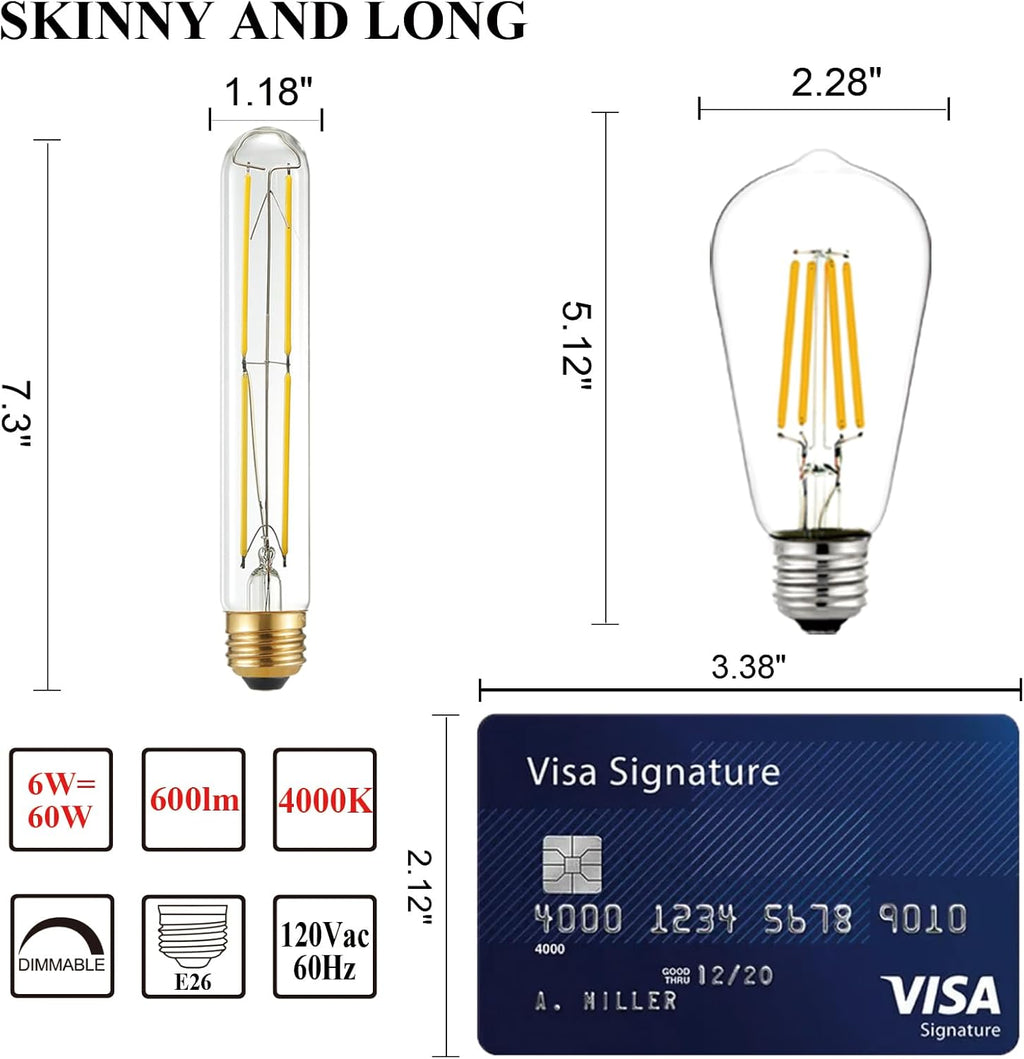 Arberlic 7.3 Inch T10 LED Bulb,6W E26 LED Bulb dimmable Equivalent E26 Bulb 60 watt,Neutral White 4000K,600lm,CRI85+,AC120V,Clear Glass Long Tubular Light Bulb,Flicker-Free,Pack of 6
