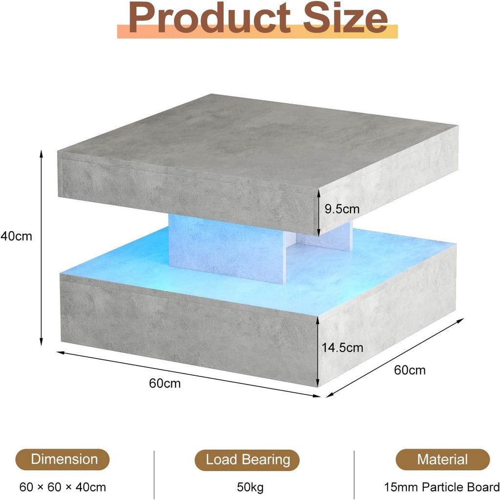 Small Grey Led Coffee Table for Living Room, 23.6" Wood Square 2-Tier Storage Modern Center Table, Modern High Glossy Wooden Coffee Tables for Small Space