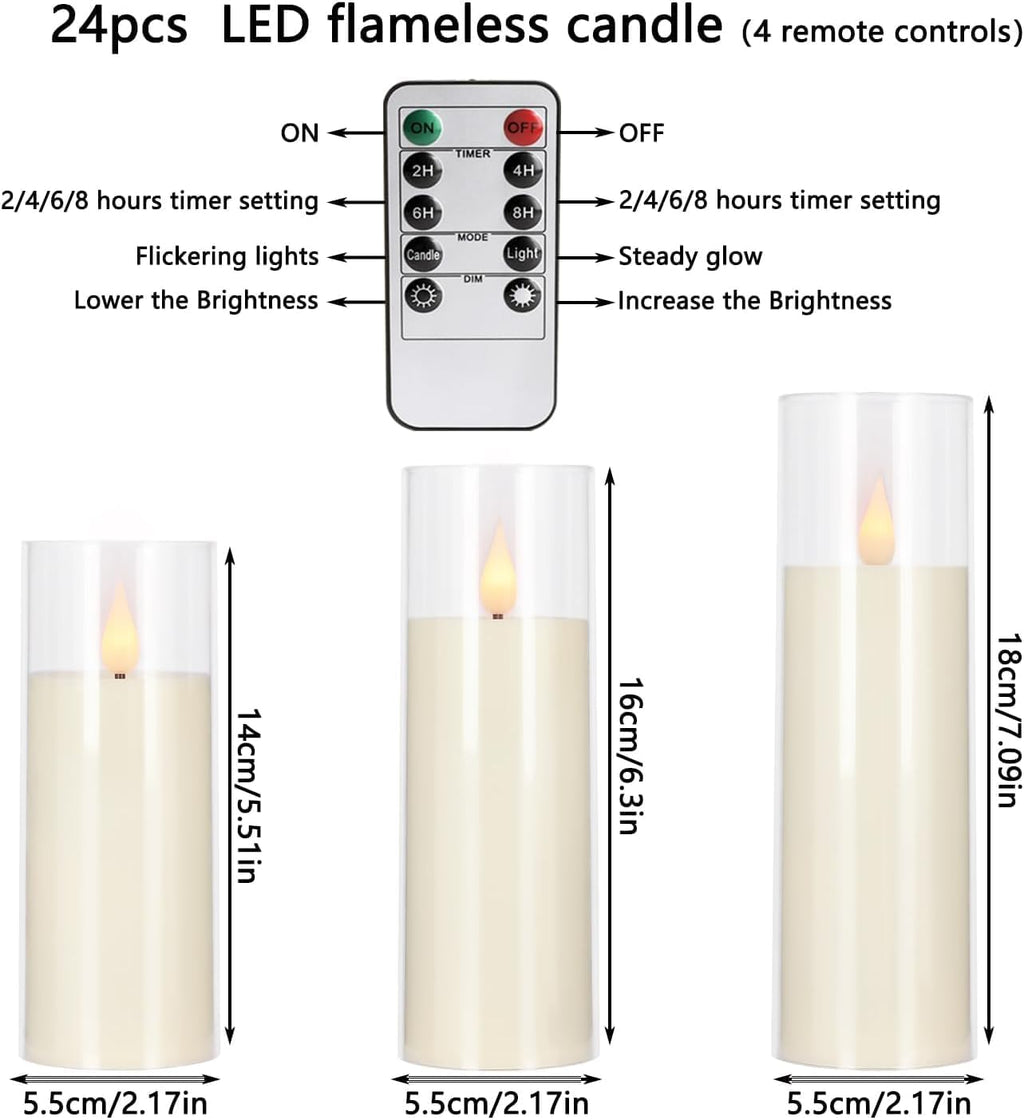 Set of 24 Flameless Led Battery Opeated (D2.2'' x H5''6''7'') Realistic Moving Wick Candles with 10-Key Remotes and Cycling 24 Hours Timer