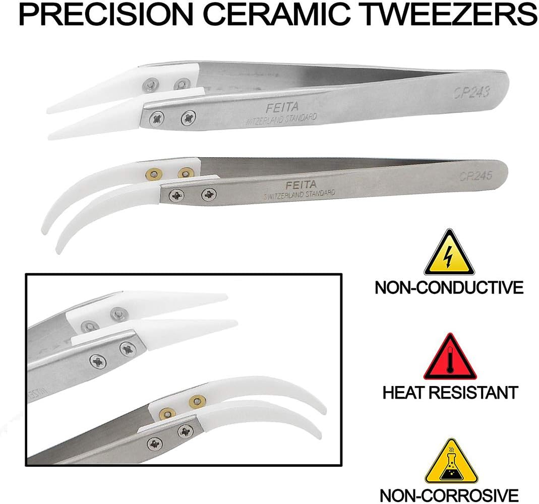 Ceramic Tweezer Set - FEITA Ceramic Precision Tweezers for Electronic Repair, DIY Hobbies - NO MORE BROKEN TIPS! (2-Pcs)