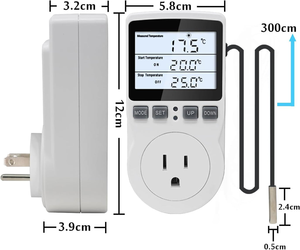 KETOTEK Digital Temperature Controller Thermostat Outlet Plug 120V with LCD Backlight, Heating Cooling Temperature Controlled Outlet 110V 15A with 3m Sensor
