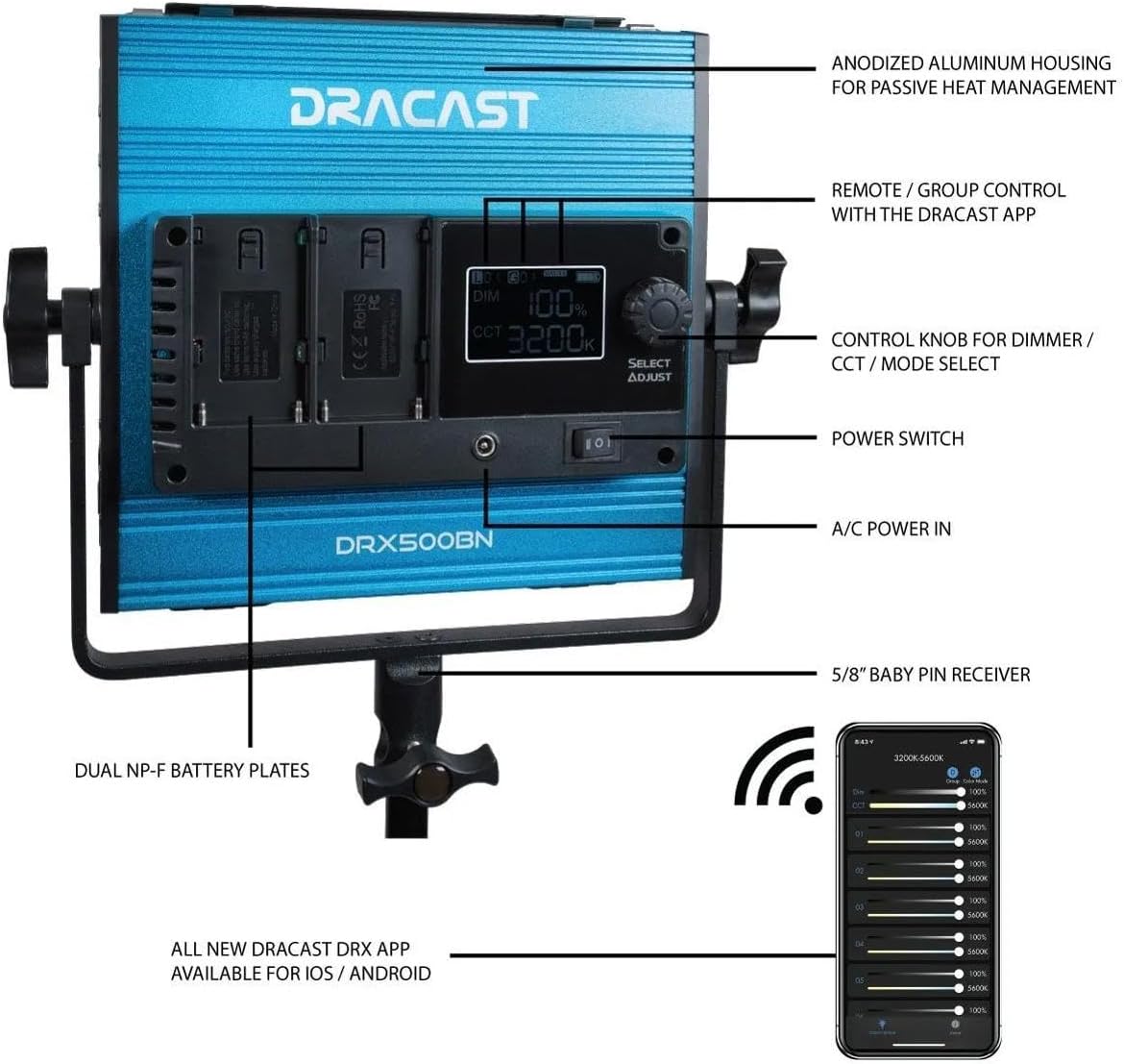 Dracast X Series Bicolor LED500 Kit - 3 Pack Includes Panel Lights, Stands, Barndoors, Travel Case | Bluetooth App Control | 3200K - 5600K LED Video Light Kit | Dimmable Lighting 0-100% | CRI TLCI 96+