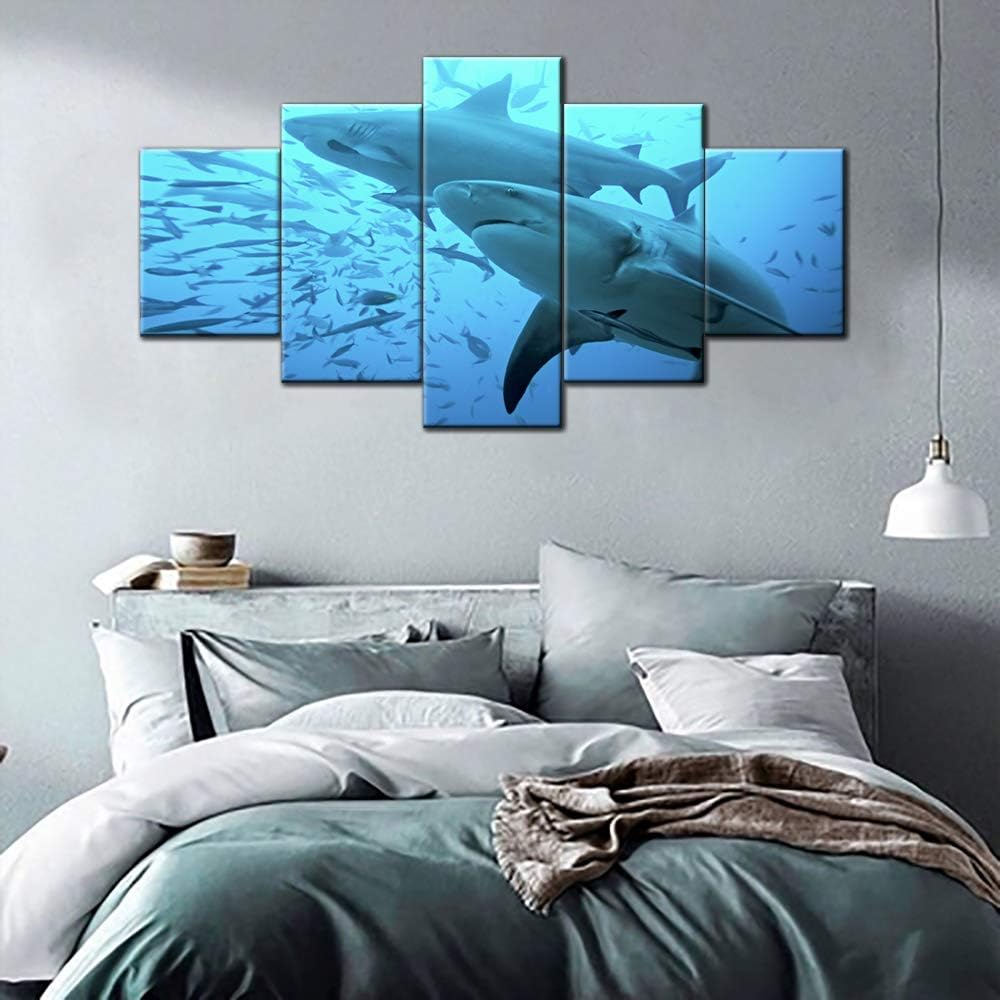 Living Room Wall Decor Shark with Small Fish in the Deep Wate Pictures Blue Wall Art 5 Panels Printed on Canvas Paintings Seascape Artwork for Home Stretched and Framed Ready to Hang(60''Wx32''H)