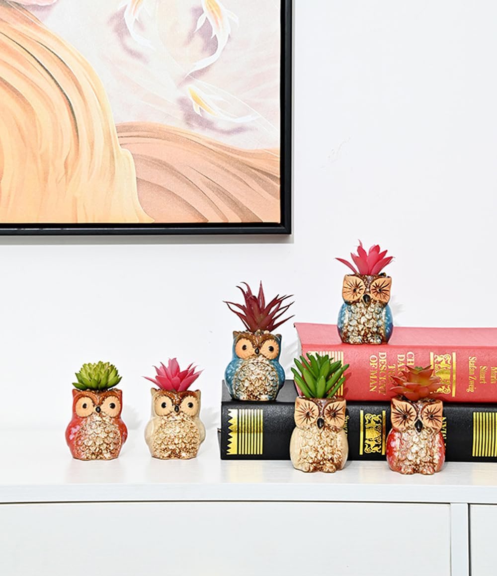 6 Pcs Mini 2.5 Inches Colorful Owl Pots, Little Ceramic Succulent Owl Planters with Drainage Holes