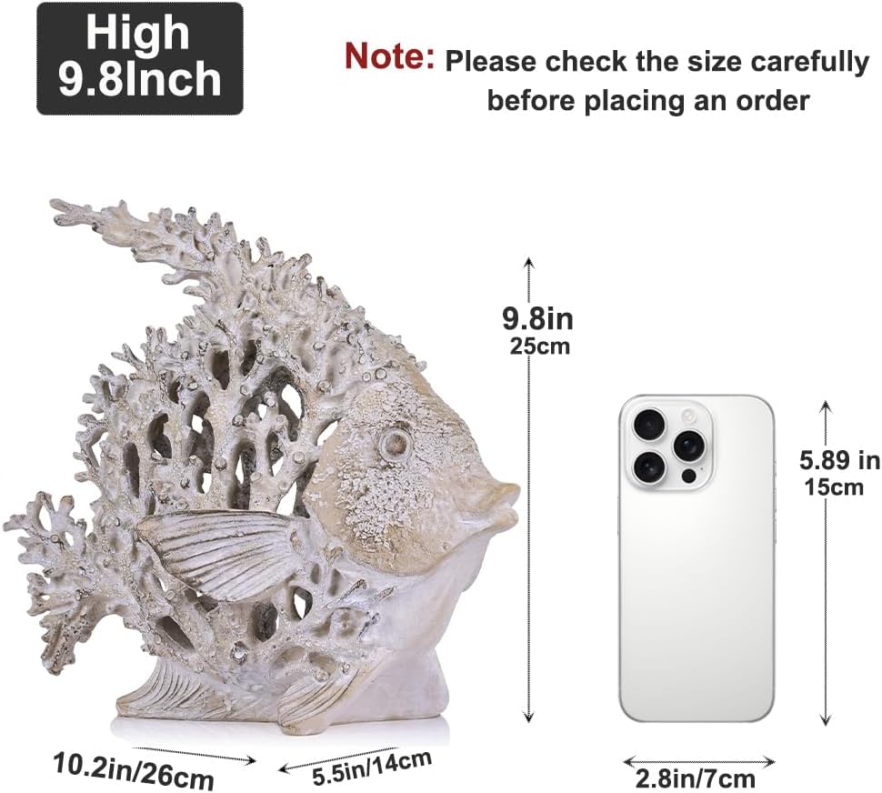 Beach Coastal Decor – 9.8in White Coral Fish Statue, Nautical Coral Reef Figurine for Living Room, Bathroom, Shelf, Desk or Coffee Table, Modern Ocean Accent & Beach House Gift
