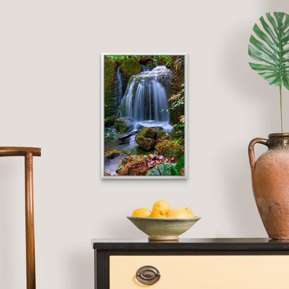 CANVAS ON DEMAND Waterfall in Tropical Rainforest of Fairchild Tropical Gardens, White Float Framed Canvas Wall Art Print, Home Decor, Floral, Flowers, Nature Artwork, 12" x18in