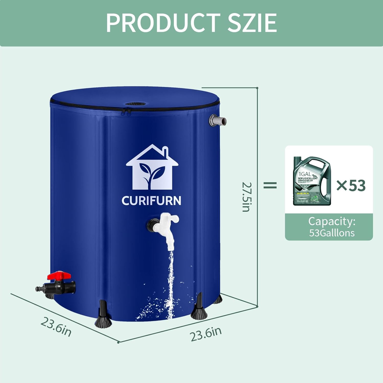 53Gal Collapsible Rain Barrel, Weatherproof Water Tank with Filter, Spigot & Overflow Kit (Reinforced Liner+Thickened Legs),Blue