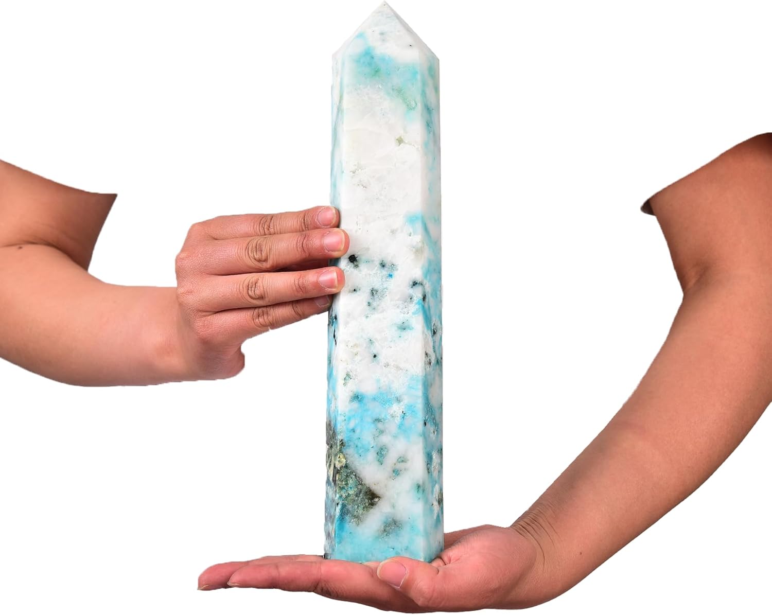 JIC Gem Natural Large Phoenix Pine Obelisk Quartz Crystal Wand Tower Point 6 Faceted Column Chrysocolla Crystal Healing Wand Reiki Decor 3.5-4.0 Lbs