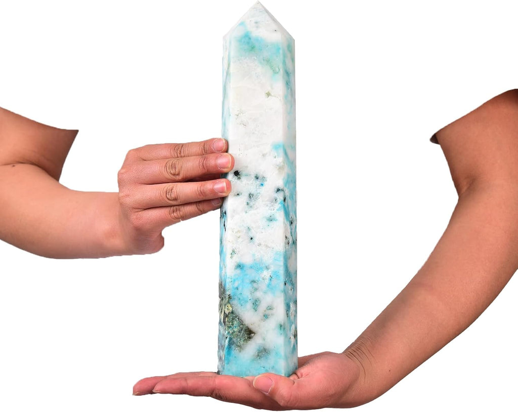 JIC Gem Natural Large Phoenix Pine Obelisk Quartz Crystal Wand Tower Point 6 Faceted Column Chrysocolla Crystal Healing Wand Reiki Decor 4.0-4.4 Lbs