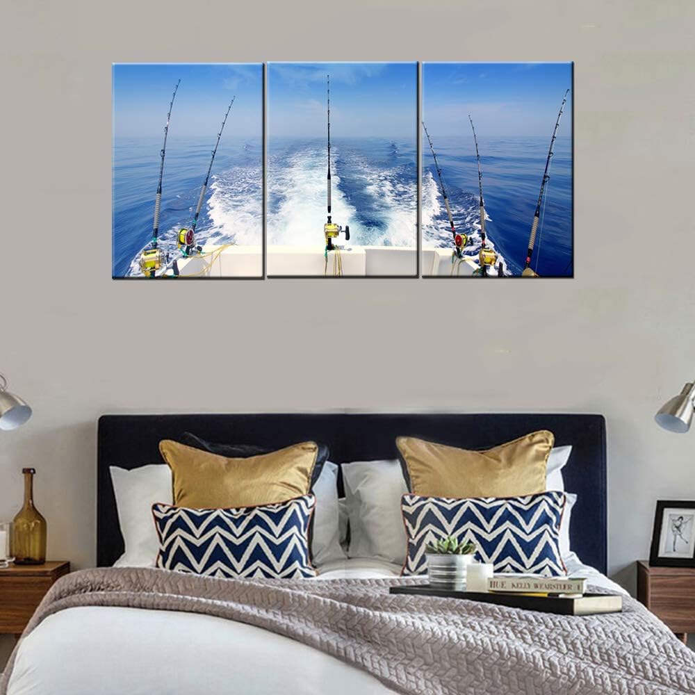 Angling Art Work for Home Walls Fishing Tackle Pictures Reel and Rod Paintings Seascape Big Wave Wall Art 3 Pieces Printed on Canvas Framed Gallery-Wrapped Ready to Hang in Living Room(42''Wx20''H)