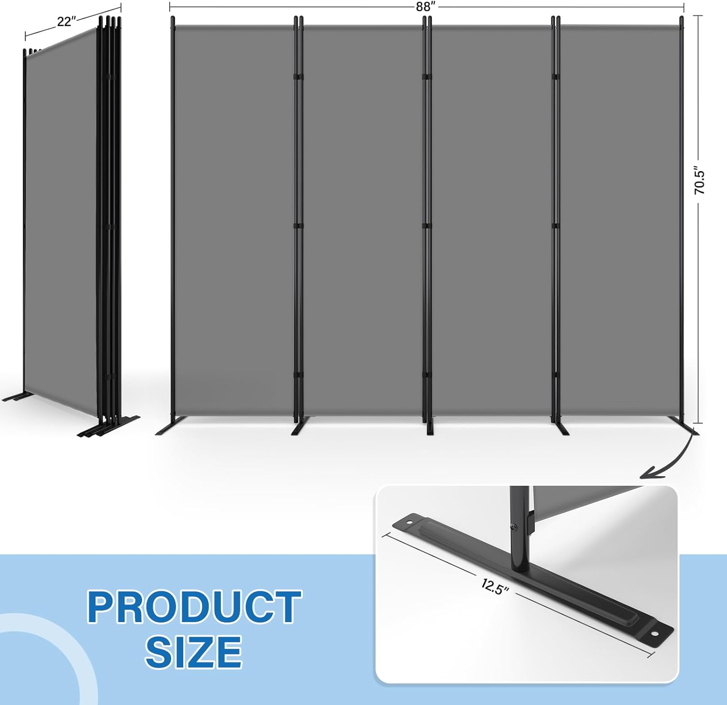 AKTOP 4 Panel Room Divider, 6FT Portable Wall Divider for Room Separation, 88" W Fabric Partition Room Dividers and Folding Privacy Screens, Freestanding Room Separators for Home Office Bedroom, Grey