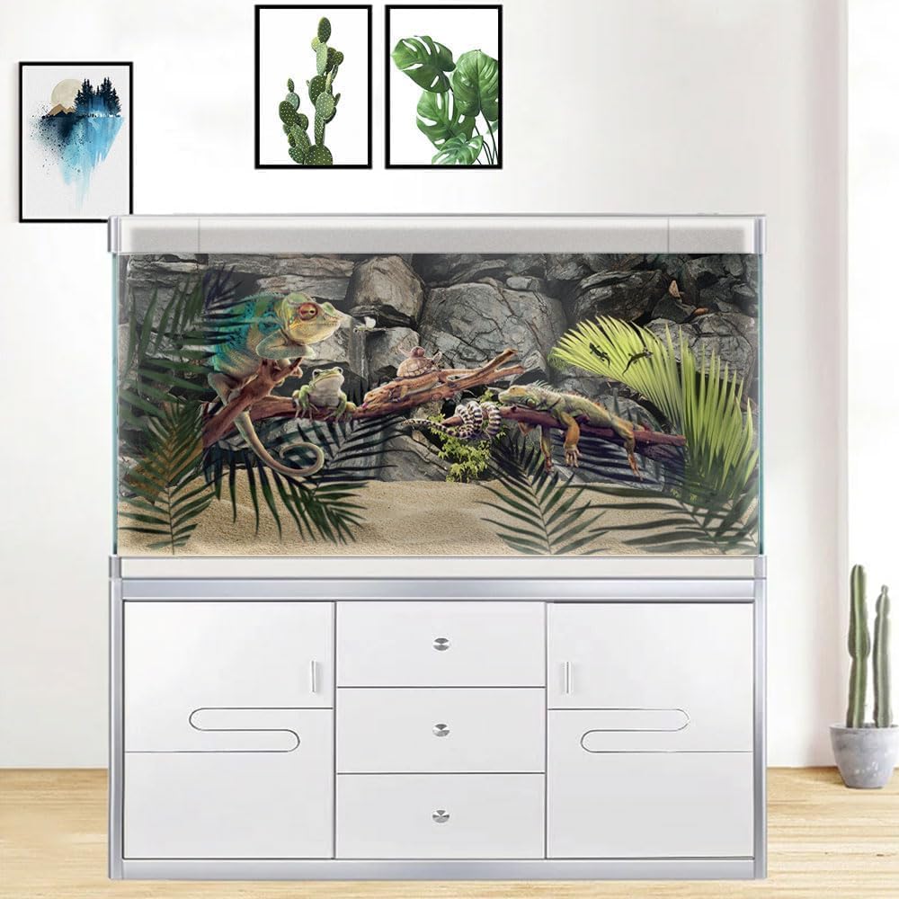 24X12IN Stone Aquarium Background, Rock Fish Tank Background, Natural Rocky Glass Terrarium Background with 8 EVA Double-Sided Tape