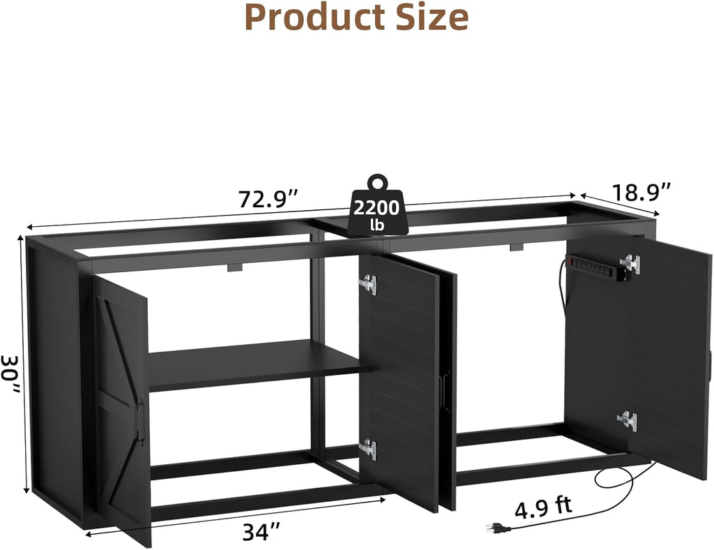 VOWNER 125-150 Gallon Fish Tank Stand with Power Outlet, Heavy Duty Aquarium Stand with Cabinet Storage for Fish Tank Filters and Accessories, 72.9" L*18.9" W Tabletop, 2200 LBS Capacity, Black