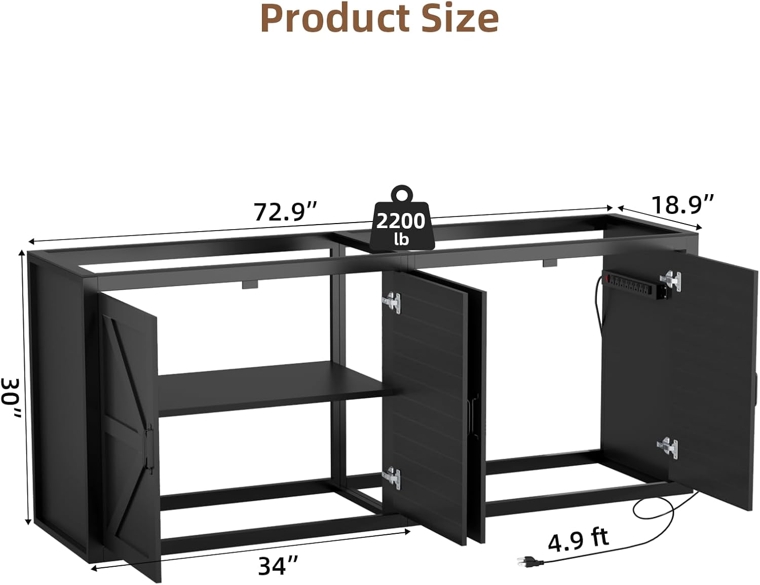 VOWNER 125-150 Gallon Fish Tank Stand with Power Outlet, Heavy Duty Aquarium Stand with Cabinet Storage for Fish Tank Filters and Accessories, 72.9" L*18.9" W Tabletop, 2200 LBS Capacity, Black