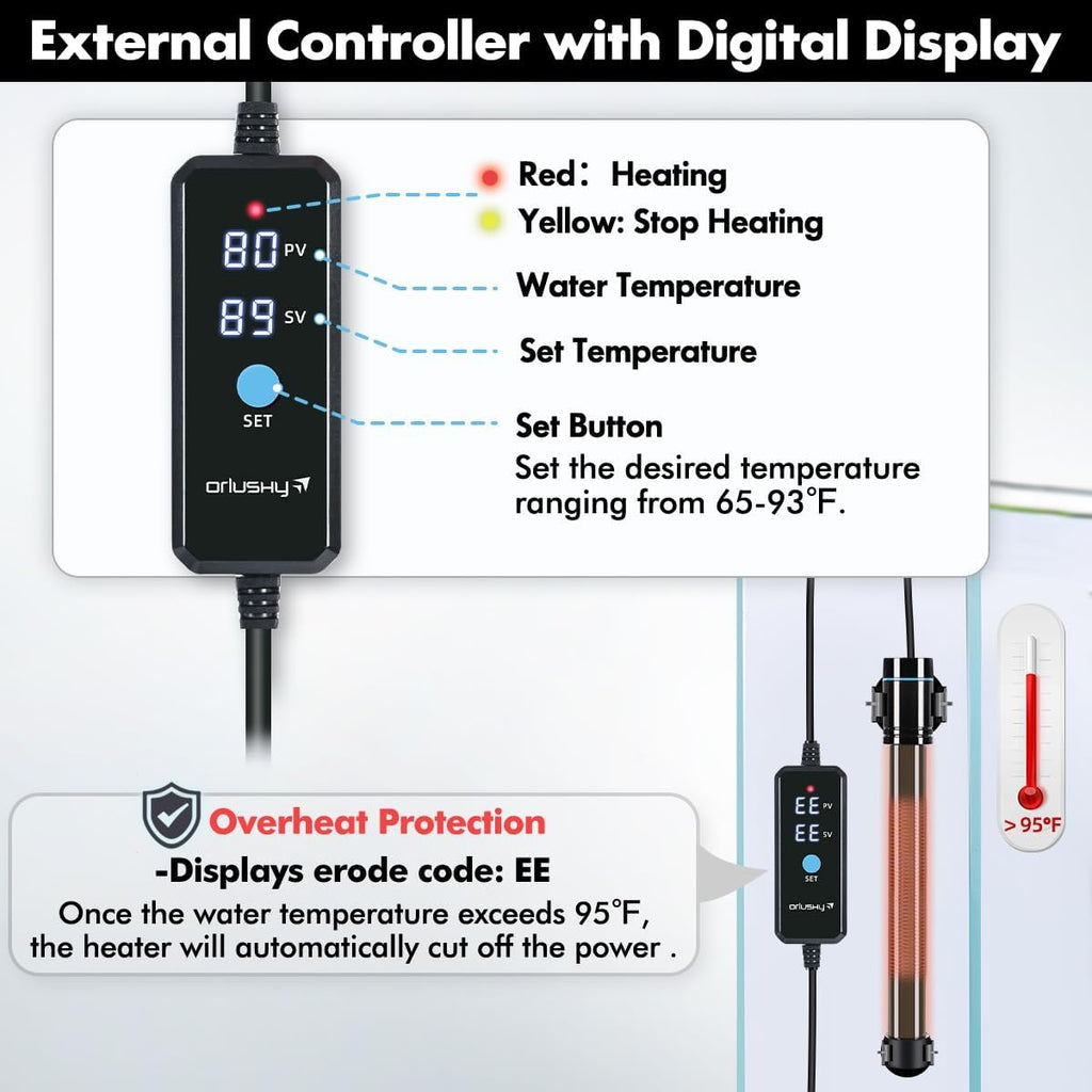 Orlushy 300W Submersible Aquarium Heater, Adjustable Fish Tank Heater with Digital Display External Controller, Overheat Protection and Free Thermometer for 40-60 Gallons Freshwater and Saltwater Tank
