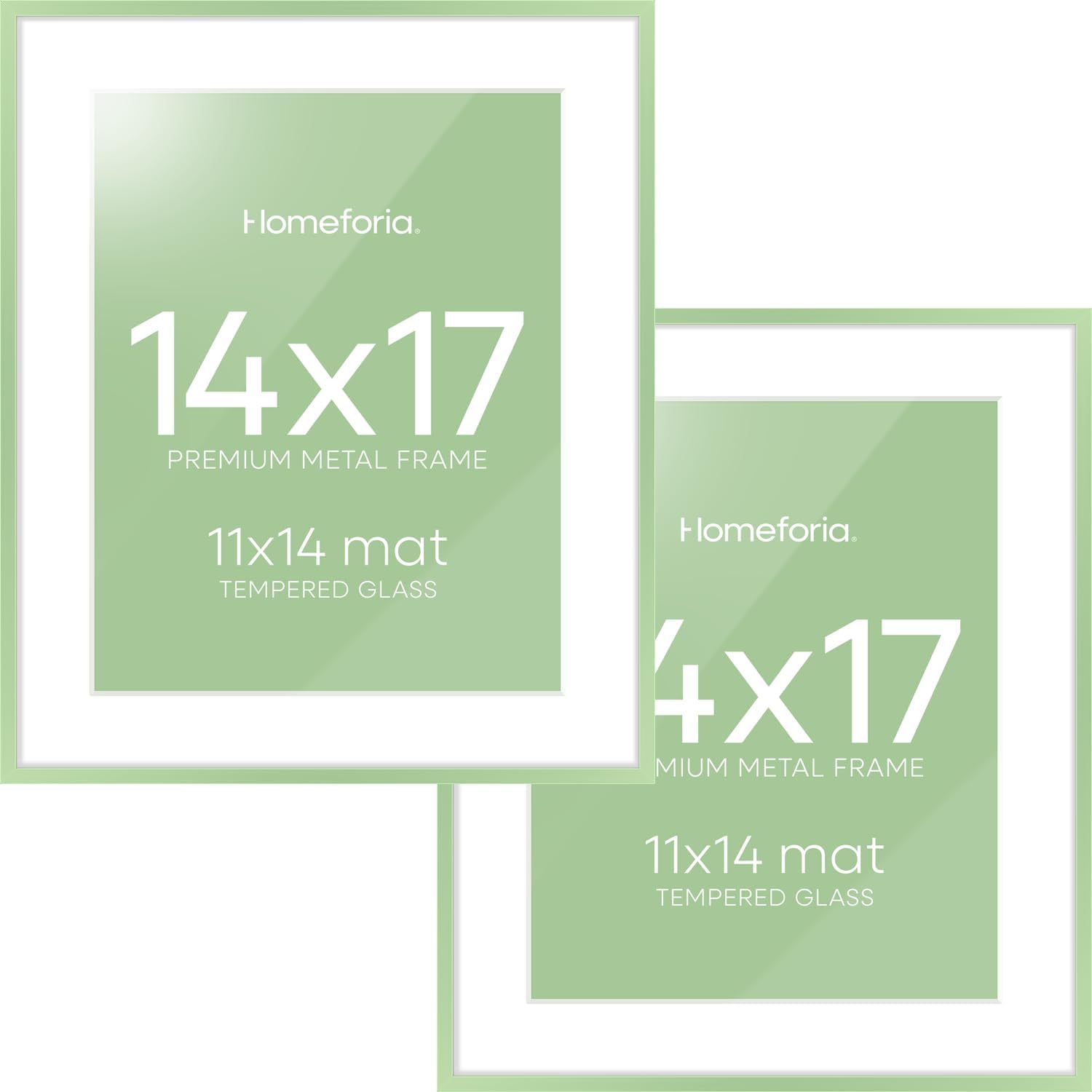 Homeforia 14x17 Picture Frame Sage Green, High End Metal 14x17 Poster Frames with Mat 11x14 inch Photo, 14 x 17 Sage Green Frame Matted to 11 by 14 Art, 17x14 Frame, Tempered Glass, Wall Kit, Set of 2