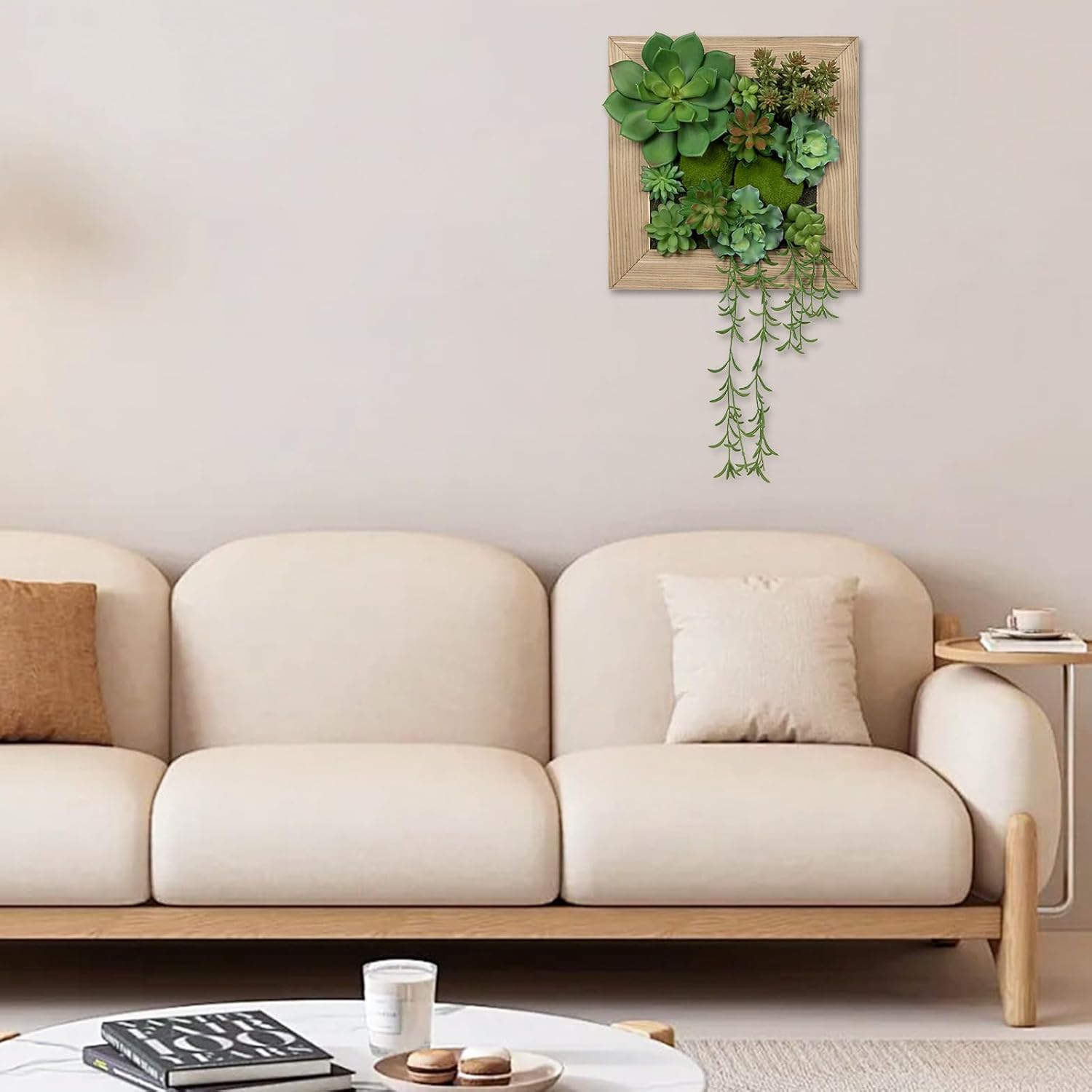 Artificial Succulent Wall Decor Fake Hanging Succulents with Wood Plant Box, Succulent Plants Artificial 3D Wooden Wall Decor Faux Hanging Plants Indoor Succulents Arrangement