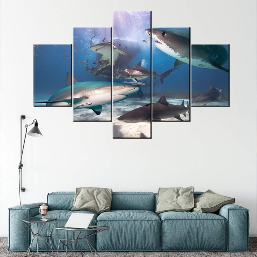 Artwork for Home Walls Shark Fish Pictures Undersea Paintings Multi Panels Printed on Canvas Sunlight Wall Art for Living Room Home Modern Decor Gallery-Wrapped Framed Ready to Hang(60''WX40''H)