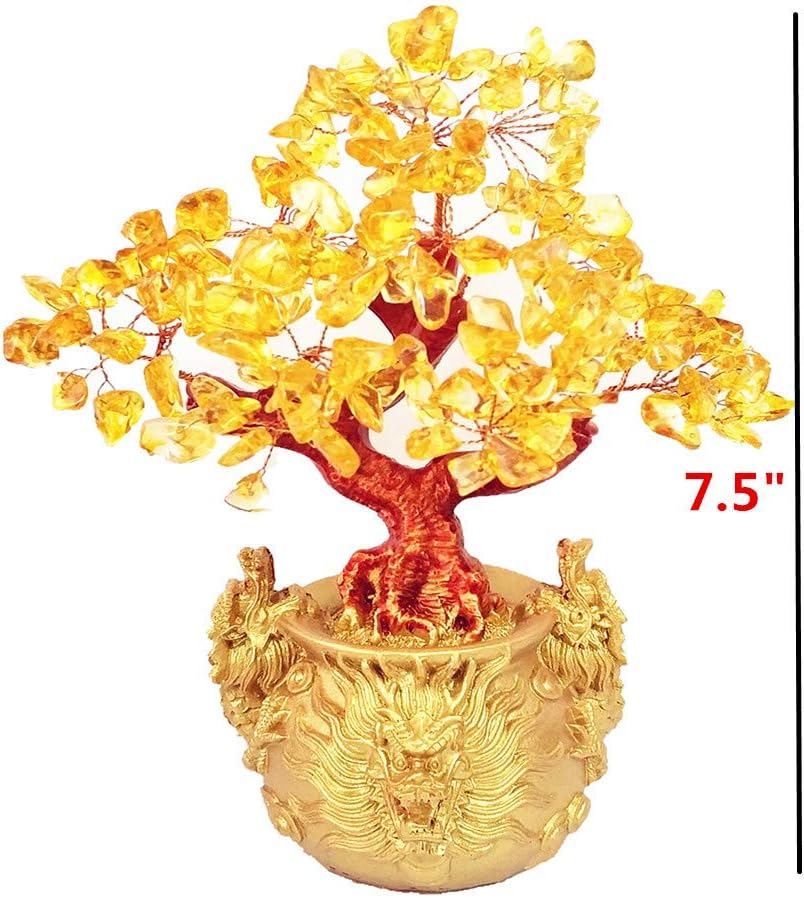 Feng Shui Citrine Quartz Crystal Money Tree Bonsai Style Decoration for Luck and Wealth (Dragon pots)