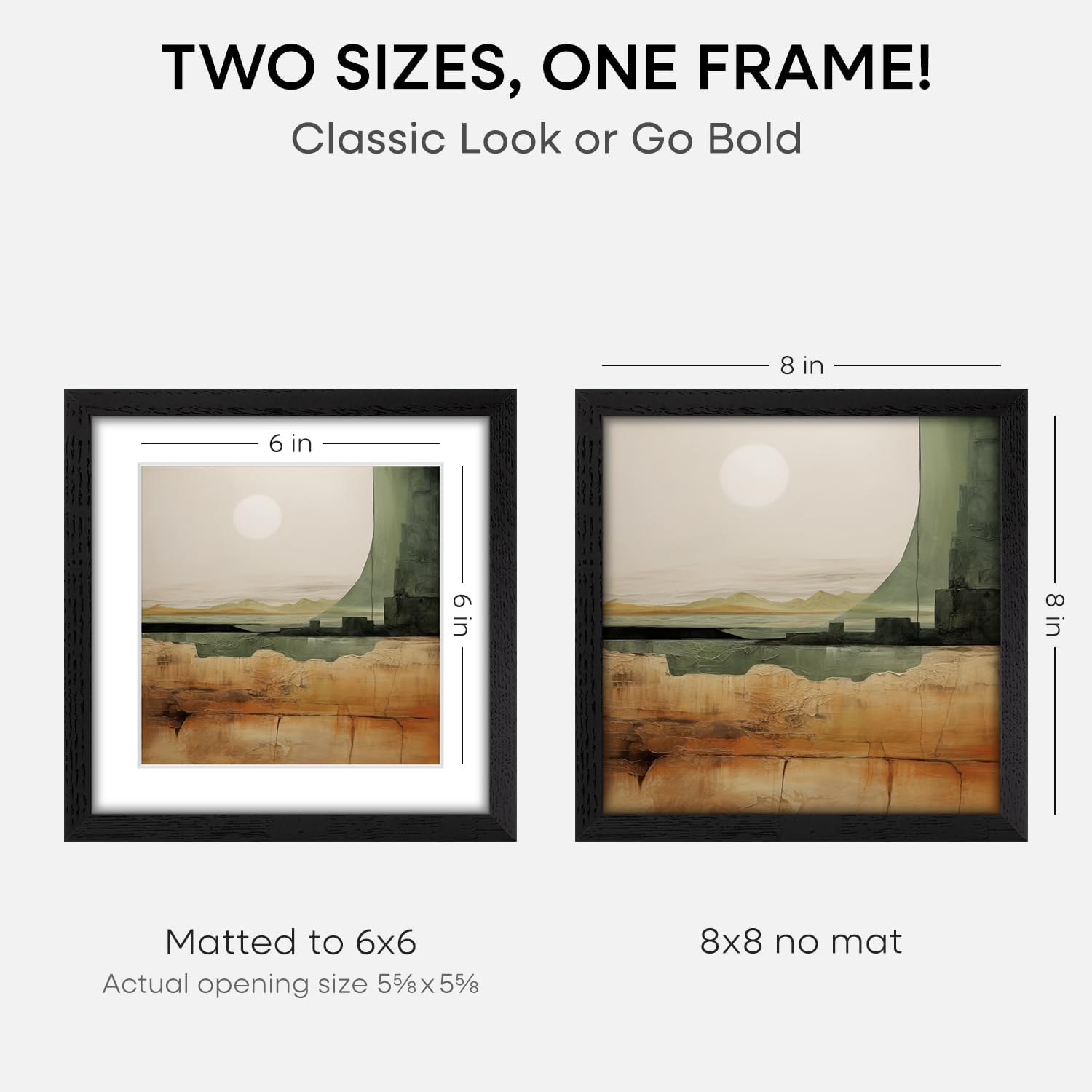 Homeforia 8x8 Picture Frame Black Wood, High-End Oak 8 x 8 Square Frames with Mat 6 by 6 inch Photo, 8x8 Wooden Frame Matted to 6x6 Art, 8by8 Wall or Tabletop Frame, Tempered Glass, Wall Kit, Set of 3