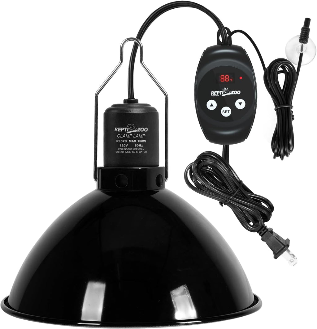 REPTI ZOO Reptile Light Fixture with Dimming Thermostat, 8.5 Inch Deep Dome Lamp Fixture with Reptile Heat Lamp Bulb Temperature Controller Reptile Dimming Thermostat Max 150W