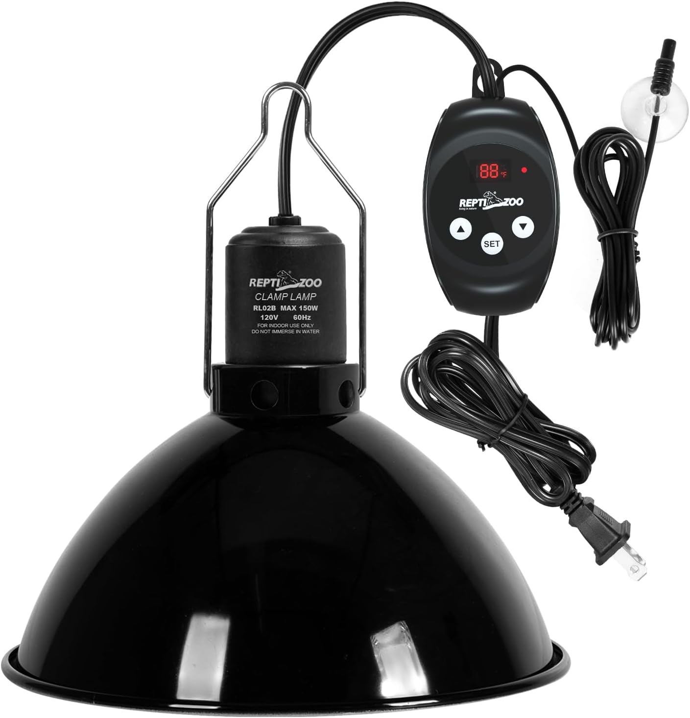 REPTI ZOO Reptile Light Fixture with Dimming Thermostat, 8.5 Inch Deep Dome Lamp Fixture with Reptile Heat Lamp Bulb Temperature Controller Reptile Dimming Thermostat Max 150W